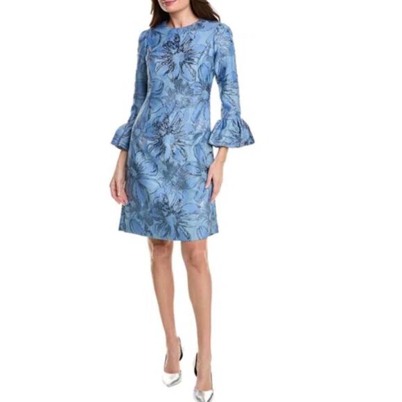 Rickie Freeman for Teri Jon Bell-Sleeve Metallic Floral Jacquard Dress Sz 6 NWT - Picture 9 of 16